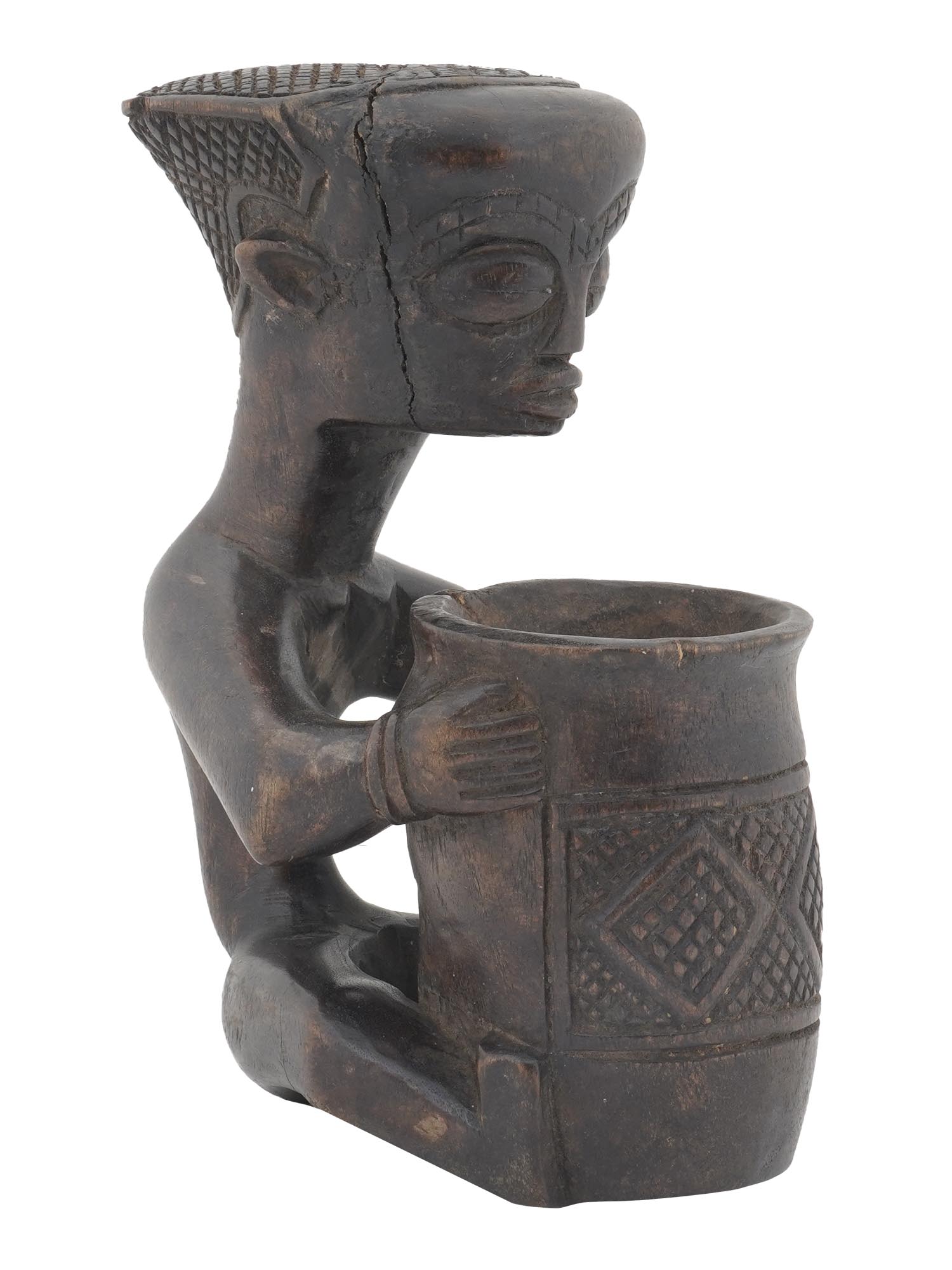 AFRICAN CONGO CARVED WOOD MALE FIGURINE WITH POT PIC-3